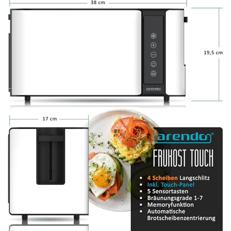 Arendo 4-Scheiben Langschlitz-Toaster FRUKOST TOUCH, Edelstahl mit Touchscreen, 7 Bräunungsgraden, integriertem Brötchenaufsatz, Restzeitanzeige und Memoryfunktion, Weiß Matt – Bild 2