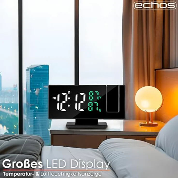 echos Projektionswecker Eco-4600, Großes LED-Display mit 3m Projektion, Temperatur- und Luftfeuchtigkeitsanzeige, schwarz – Bild 3