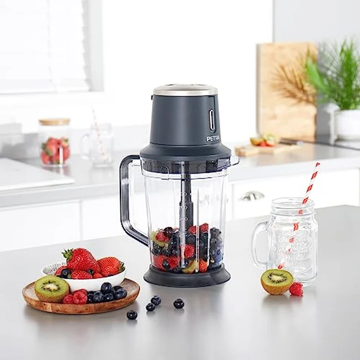 Petra PT5393BGRYVDE, kabelloser Kannenmixer & Deckel – wiederaufladbarer 10,8V-Akku, 2 Geschwindigkeiten, BPA-frei, 1,5L, Zerstoßen Sie Eis, Edelstahlklinge, rutschfester Sockel, Misst ml/l/Becher/oz – Bild 3