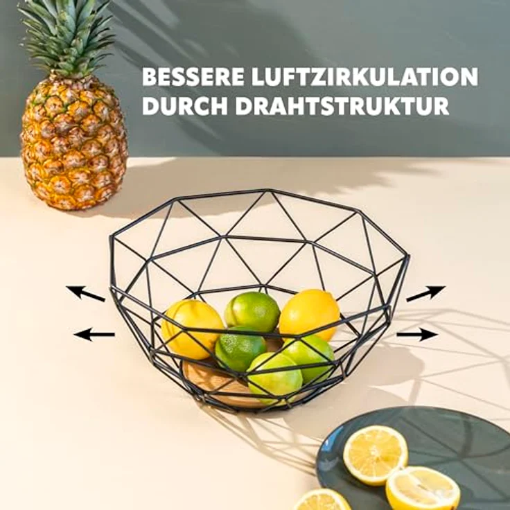 eluno Obstkorb - Brotkorb, moderne Obstschale aus schwarzem Metall & Bambus mit abnehmbarem waschbarem Bezug - 30 cm Ø, für Obst, Gemüse, Brot, Snacks – Bild 5
