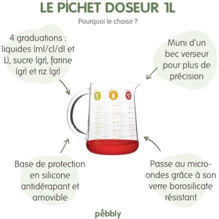 Pebbly PKM-1000R Messbecher, 1 l, aus Glas und Silikon, Mehrfarbig, 11,9 x 11,9 x 15,8 cm – Bild 3