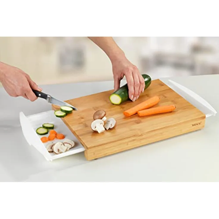 WENKO 53035100 Schneidebrett Bina, Küchenbrett, Schneidebrett mit 2 ausziehbaren Auffangschalen-Tabletts, Bambus, 40.5 x 4 x 25 cm, Braun – Bild 7