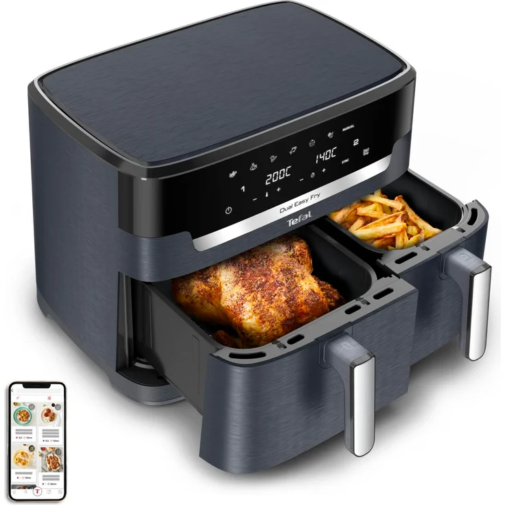 Tefal Dual Easy Fry XXL, Heißluftfritteuse mit 11 L, zwei Kammern, 7 Programme, Extra-Crisp-Technologie, spülmaschinenfest