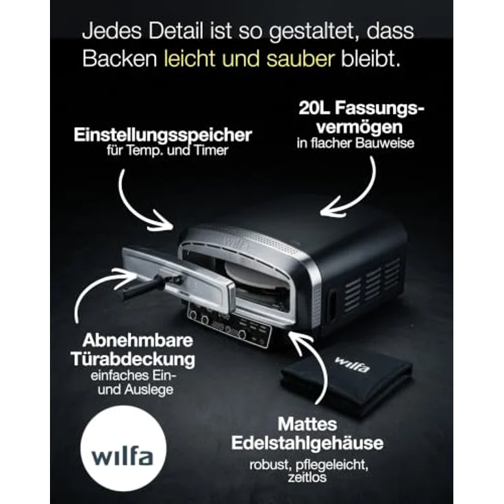WILFA Crust PO2B-E2200, Elektrischer Pizzaofen mit 2200 W, max. 450 °C und 13-Zoll-Pizzastein, 20 Liter Kapazität mit 6 voreingestellten Programmen – Bild 8