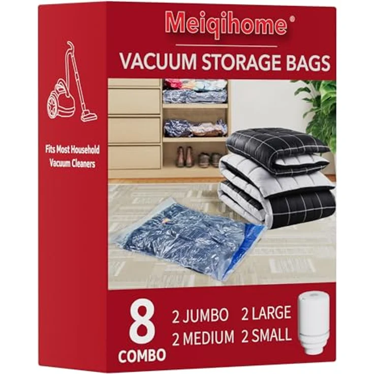 MEIQIHOME Vakuumbeutel Set mit elektrischer Luftpumpe, 8-teilig (2 Jumbo, 2 groß, 2 Midi, 2 klein), luftdichte Kompressionsbeutel für Kleidung, Bettwäsche und Decken – Bild 1