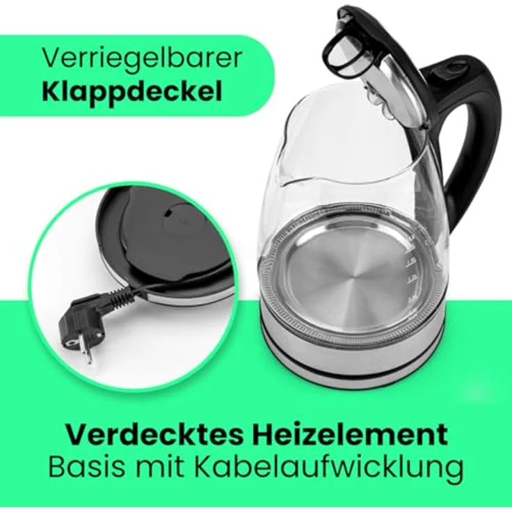 Bomann Glas-Wasserkocher WKS 6032 G CB, 1,7 Liter Füllmenge, Glas--Edelstahlgehäuse, kabellose Technik - leichtes Ein- und Ausgießen, verriegelter Sicherheitsklappdeckel, 360° drehbare Steckverbindung – Bild 4