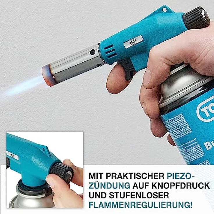 TOM GB-227 Lötbrenner, Flambierbrenner Set mit 1300°C Flammentemperatur, Piezozündung, optional 4x 224g Gaskartuschen – Bild 3