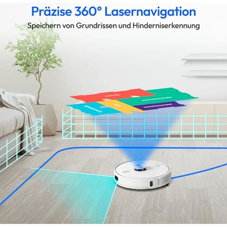 MEDION Saugroboter mit Absaugstation, Lasernavigation und Wischfunktion X41 SW+ (Starke 8000Pa Saugkraft, 2in1 Roboterstaubsauger, präzise Kartenerstellung, Go & No Go Bereiche, mehrere Etagen) in schwarz – Bild 3