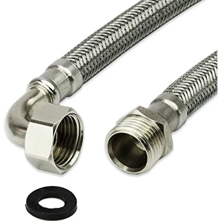 AWM Edelstahl Flexschlauch 1/2 Zoll Panzerschlauch Anschlußschlauch Sanitär Hauswasserwerk (1/2" ÜM Bogen x 1/2" AG - 150cm *70) - Edelstahl (AISI 304) - EPDM Gummi - Messing vernickelt