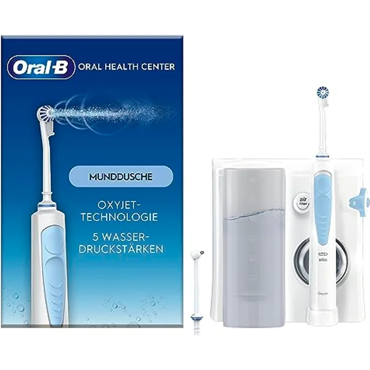 Oral-B Oral Health Center Munddusche, 2 Ersatzdüsen, Zahnzwischenraumreiniger für sanfte Zahnreinigung & gesünderes Zahnfleisch, mit Oxyjet-Technologie, 5 Druckstufen für Zahnpflege, weiß/blau