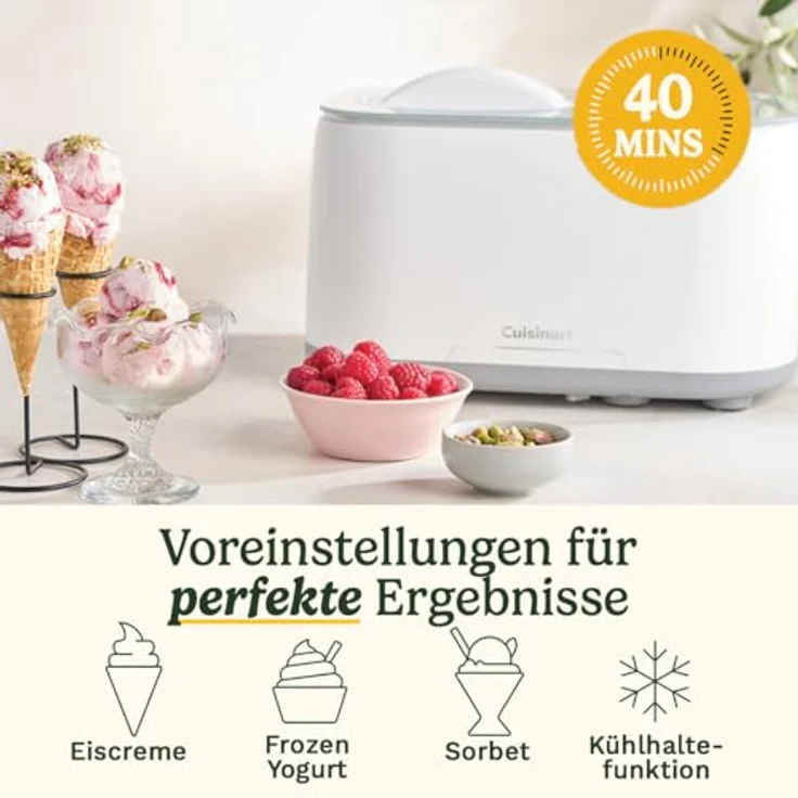 Cuisinart FreezeEase Eismaschine, Selbstkühlend mit 3 Voreinstellungen für Eiscreme, Sorbet und Frozen Joghurt, 950 ml Kapazität, kein Vorkühlen nötig, Kühlhaltefunktion, fertig in 40 Minuten – Bild 3