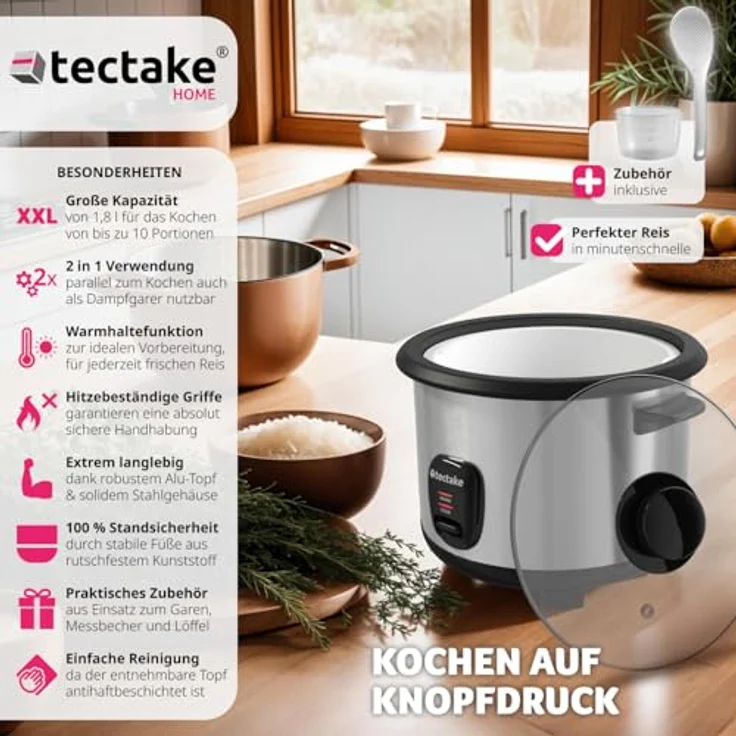 tectake® Reiskocher, Rice Cooker, Steamer Pot, Reis Maker mit Dampfgarer Einsatz, Topf, großes Volumen 1,8 l, bis zu zehn Portionen Klebereis, Vollkornreis oder Sushireis, Stahlgehäuse, Warmhaltefunktion – Bild 2