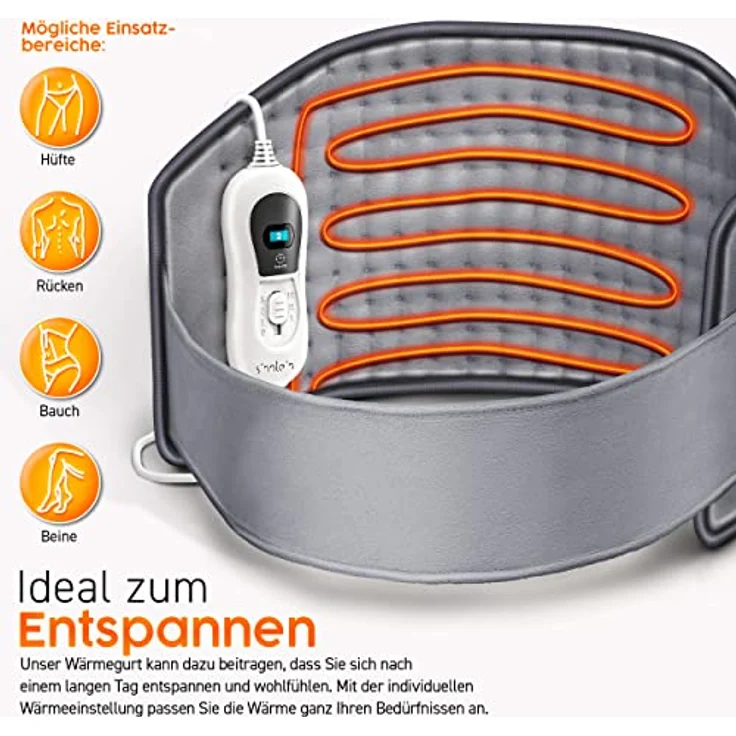 sinnlein Heizkissen elektrisch Grau für Bauch und Rücken Heizgürtel mit 3 Temperaturstufen & Abschaltautomatik Wärmegürtel mit verstellbarem Band und Klettverschluss – Bild 2
