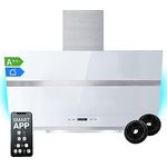 Dunstabzugshaube 90 cm / Wand Dunstabzugshaube mit Stehhöhe/Edelstahl/Weiß Glas/WiFi/automatische Abschaltung/RGBW LED-Beleuchtung/Touch-Steuerung / HERMES908WM