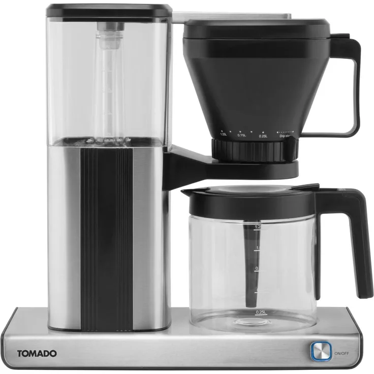 Tomado TCM1301S, Filterkaffeemaschine mit 1,25 L Inhalt, Edelstahl, Glaskanne, Tropfstopp-Mechanismus und Warmhalteplatte
