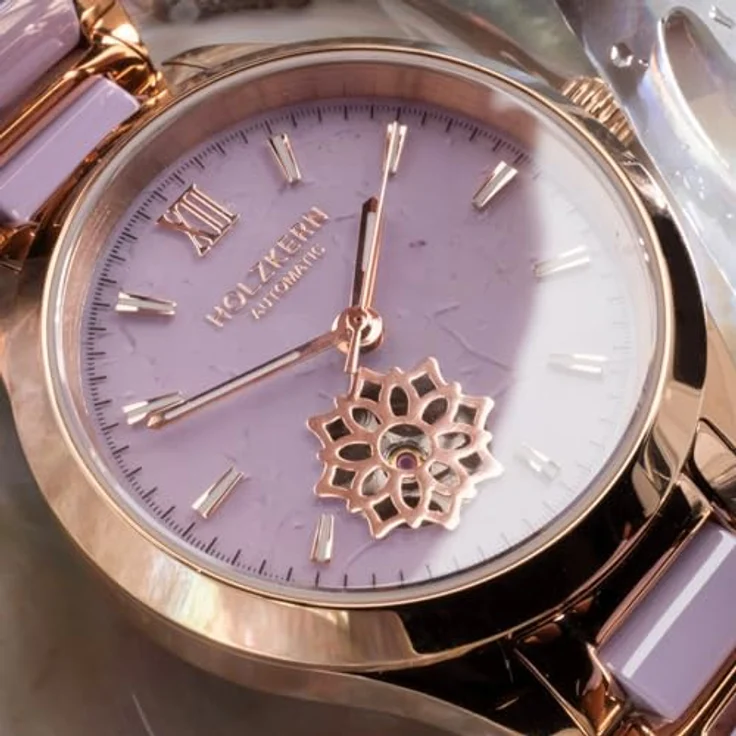 HOLZKERN Damen-Armbanduhr Automatik Kaleidoscopic, violettes Zifferblatt, Edelstahl Roségold, kratzfest, leuchtend im Dunkeln, mit Faltschließe – Bild 5