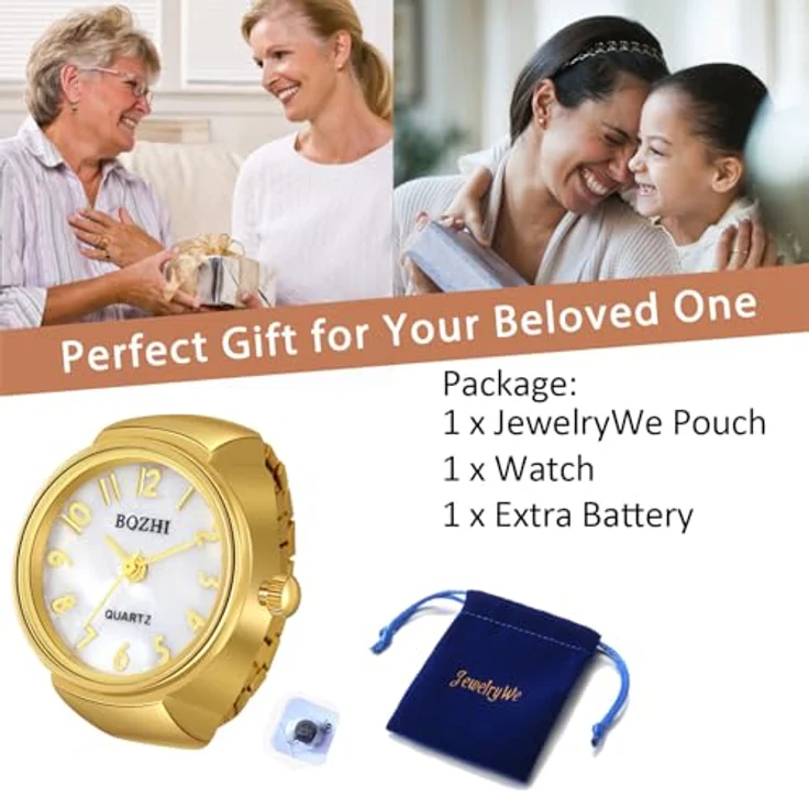 JewelryWe Fingeruhr für Damen und Herren, Quarzwerk, rund, elastisches Armband, Arabisches Gold, wasserdicht, inklusive Geschenkbox – Bild 3