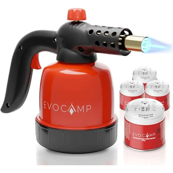 EVOCAMP Flambierbrenner Gasbrenner 1,3 kW mit Piezozündung und max. Temperatur 1300°C, inkl. 4 Gaskartuschen 190g – Bild 1