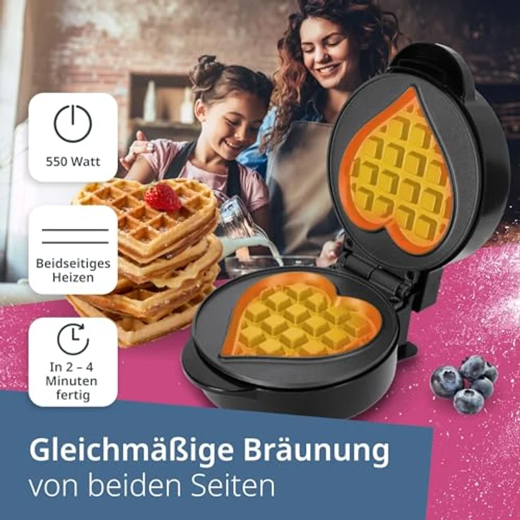 ADE Mini Waffeleisen Herzform | belgische Waffel | perfekt für eine Person, Party, Kindergeburtstag | hochwertige Antihaftbeschichtung | 550 W | schwarz - Preisvergleich – Bild 5