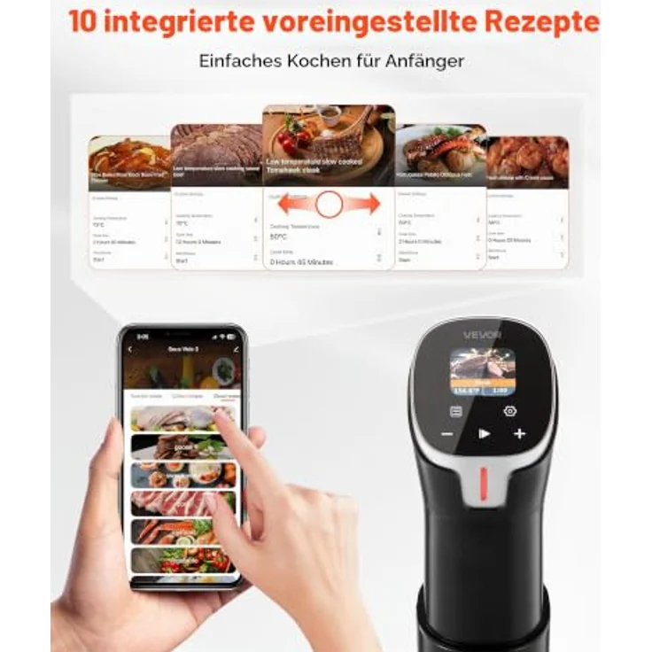 VEVOR Sous-Vide Stick, 1100 W Präzisionsgarer mit WLAN, 10 voreingestellten Rezepten, LCD-Touchscreen und App-Steuerung – Bild 3