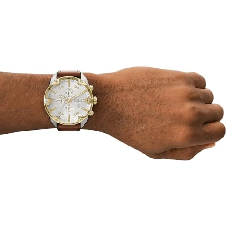 Diesel Chronograph SPIKED, Quarzuhr, Armbanduhr, Herrenuhr, Stoppfunktion, Lederarmband, silberfarben/braun – Bild 3