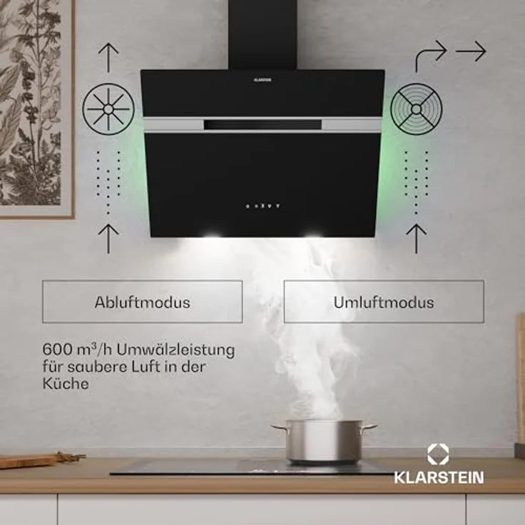 Klarstein 10040230 Wandhaube, Alina 60 Smart Dunstabzugshaube 60 cm 594 m³/h LED Ambiente-Licht Glasfront, schwarz – Bild 3