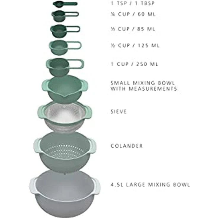 Joseph Joseph Nest 9 Plus, 9-teiliges kompaktes Lebensmittelzubereitungsset mit Rührschüsseln, Messbechern, Sieb und Sieb, Editions Range, Salbeigrün – Bild 2