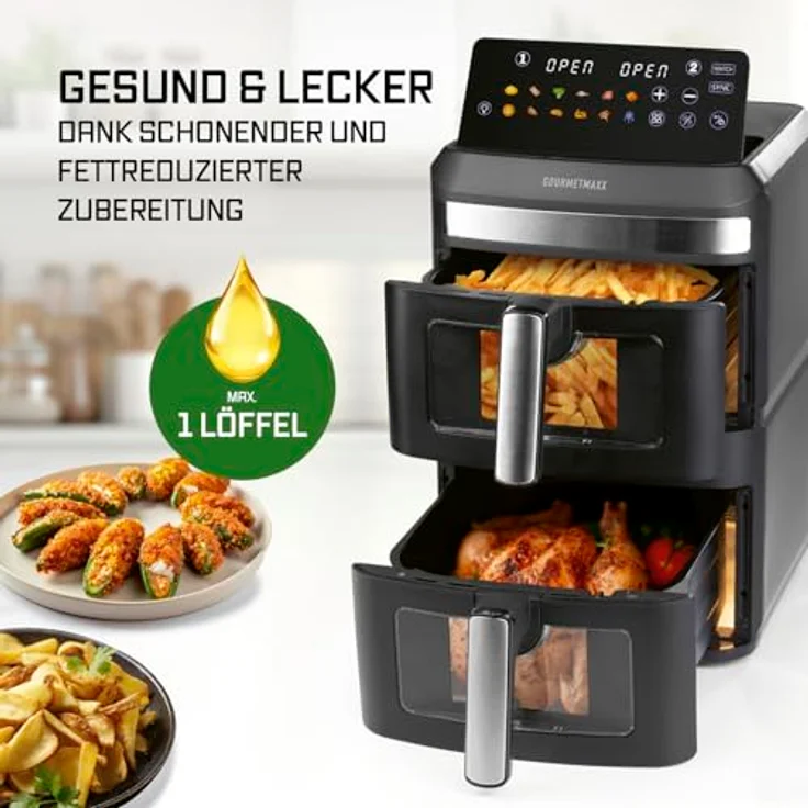 GOURMETmaxx FryUp XL, vertikale Doppelkammer Heißluftfritteuse mit 12 L und Sichtfenster, 2800 W, schwarz, mit 9,6 Zoll Multi-Colour LED-Touchdisplay & 12 Programmen – Bild 10