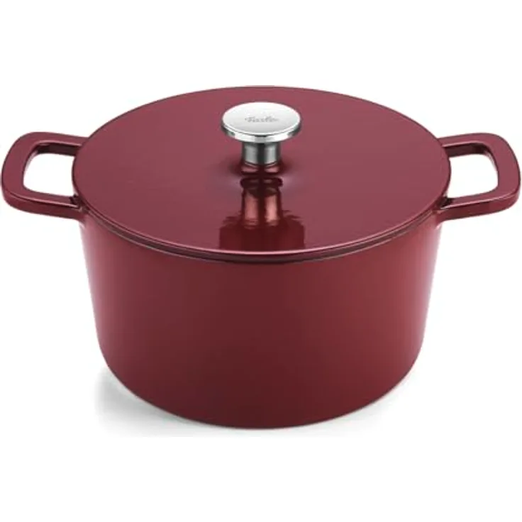 Fissler Moments Collection / Emaillierter Gusseisen-Bräter, rund (Ø 24 cm) Cast-Iron Topf, Cocotte AromaStar-Funktion, Induktion – Burgunderrot, Rot