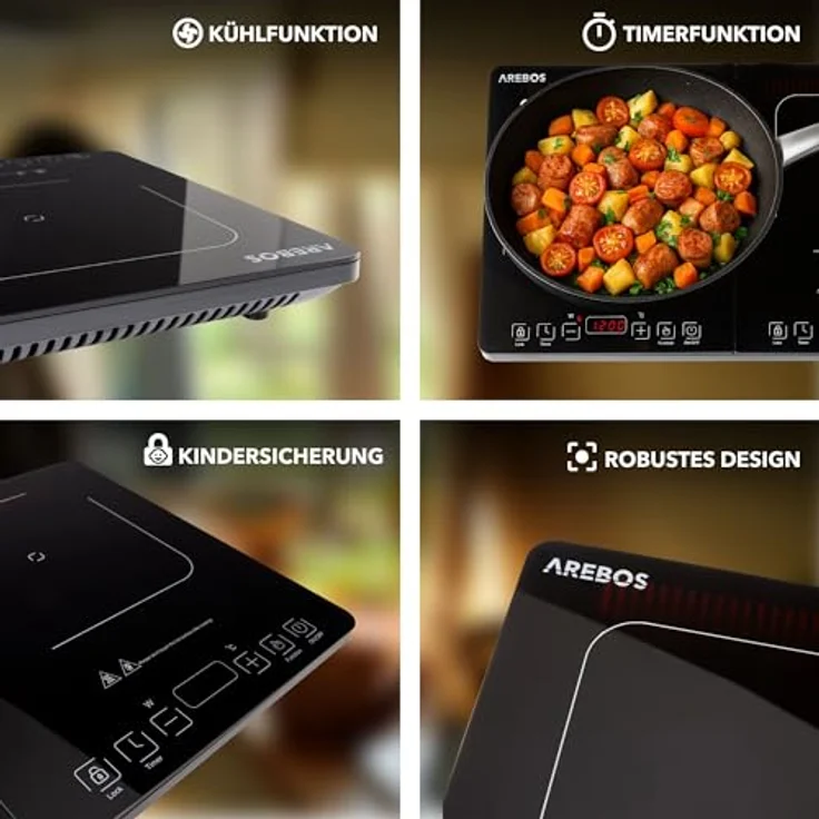 Arebos Doppel-Induktionskochplatte 3500W, tragbar mit 2 Kochzonen, Touch-Display, Timer, Überhitzungsschutz und energieeffizientem Design für Camping und Outdoor – Bild 5