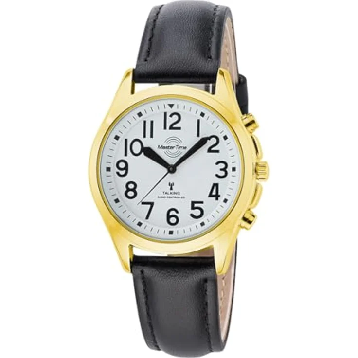 Master Time Funk Quarz Damen Uhr Analog mit Leder Armband MTLA-10942-12L, Deutsche Sprachausgabe, 4 Alarmzeiten, kontrastreiches Zifferblatt, goldfarbenes Gehäuse – Bild 1