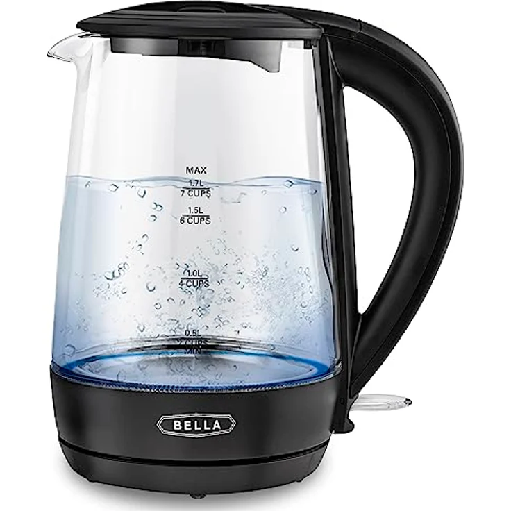 BELLA 1.7 Liter Glass Electric Kettle, Quickly Boil 7 Cups of Water in 6-7 Minutes, Soft Blue LED Lights Illuminate While Boiling, Cordless Portable Water Heater, Carefree Auto Shut-Off, Black – Bild 1
