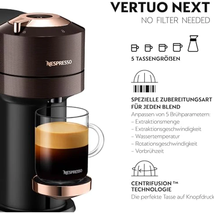 De'Longhi Nespresso Vertuo Next ENV 120.BWAE Kaffeekapselmaschine mit Aeroccino Milchaufschäumer, braun – Bild 2