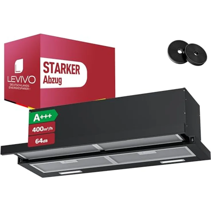 LEVIVO A+++ Flachschirmhaube 90 cm, Einbau Dunstabzugshaube mit 400 m³/h, Umluft & Abluft, 2 Aktivkohlefilter, 4 Fettfilter, 2 Stufen, 2 LEDs, Edelstahl