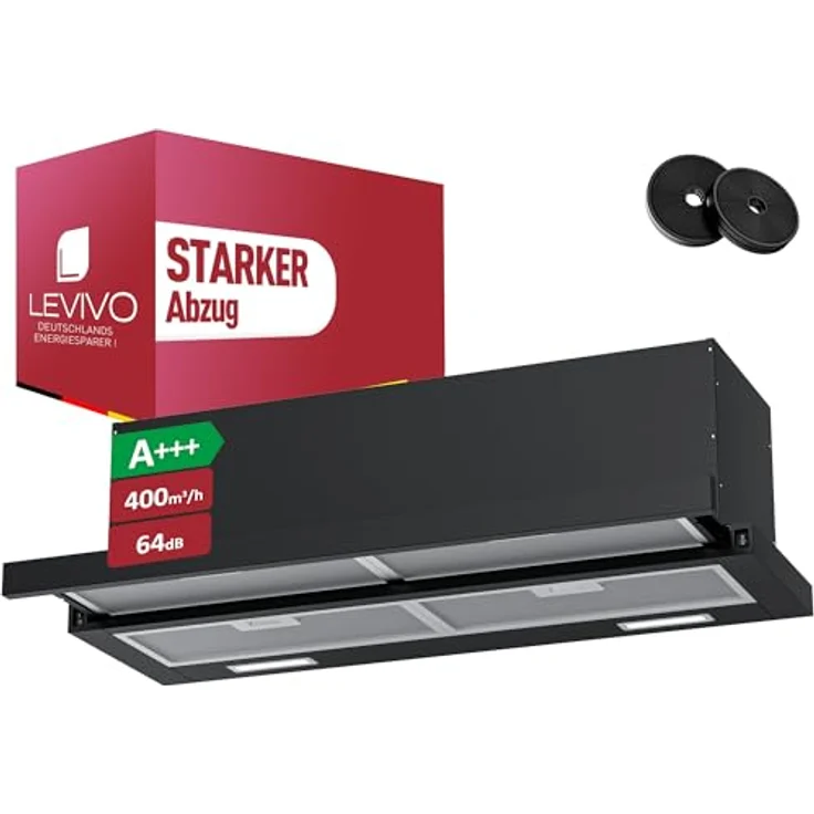 LEVIVO A+++ Flachschirmhaube 90 cm, Einbau Dunstabzugshaube mit 400 m³/h, Umluft & Abluft, 2 Aktivkohlefilter, 4 Fettfilter, 2 Stufen, 2 LEDs, Edelstahl – Bild 1