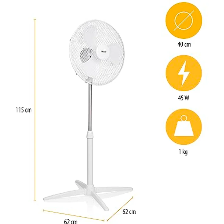 Tristar VE-5755 Standventilator – 45 W, 40 cm Ø, Höhenverstellbar 85-115 cm, 3 Geschwindigkeitsstufen, Oszillierend 85° – Bild 3