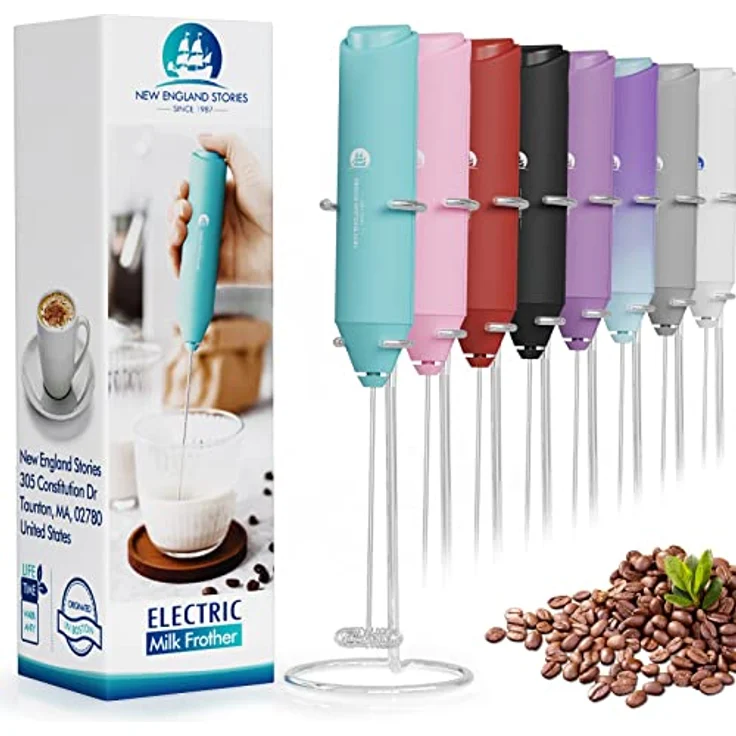 New England Stories Leistungsstarker Handheld Milchaufschäumer Mini Schneebesen für Kaffee, Cappuccino, Latte, Matcha, heiße Schokolade, ergonomisches Design, Aqua, mit Ständer – Bild 1