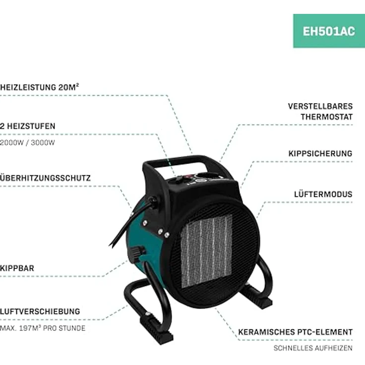 VONROC Heizlüfter 2000W, elektrischer Heizlüfter für Werkstatt, Hobbyraum, Camping, 2 Heizstufen, Lüfterfunktion, für Räume bis 20m² – Bild 2