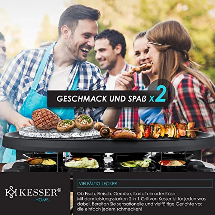 Kesser 3in1 Raclette-Grill mit Naturgrillstein, 1500W, Grillplatte und Fondue, Tischgrill für 8 Personen, Elektrogrill Raclette Grill antihaftbeschichteter Grillplatte, 8 Pfannen und Holzspatel, silber, schwarz – Bild 4