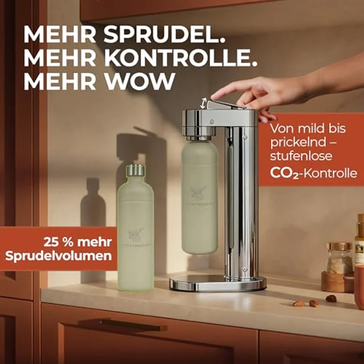 Luckymoose Infinity-S Wassersprudler aus Edelstahl (Silver/Sand) – 2x 1,25L spülmaschinengeeignete Edelstahlflaschen – herausnehmbare Düse, CO2-Regulierung – Bild 3