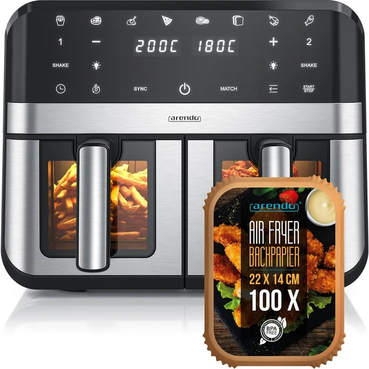 Arendo Heißluftfritteuse, 2400 W, Sichtfenster mit Beleuchtung, Umluftsystem, fettarmes gesundes Kochen
