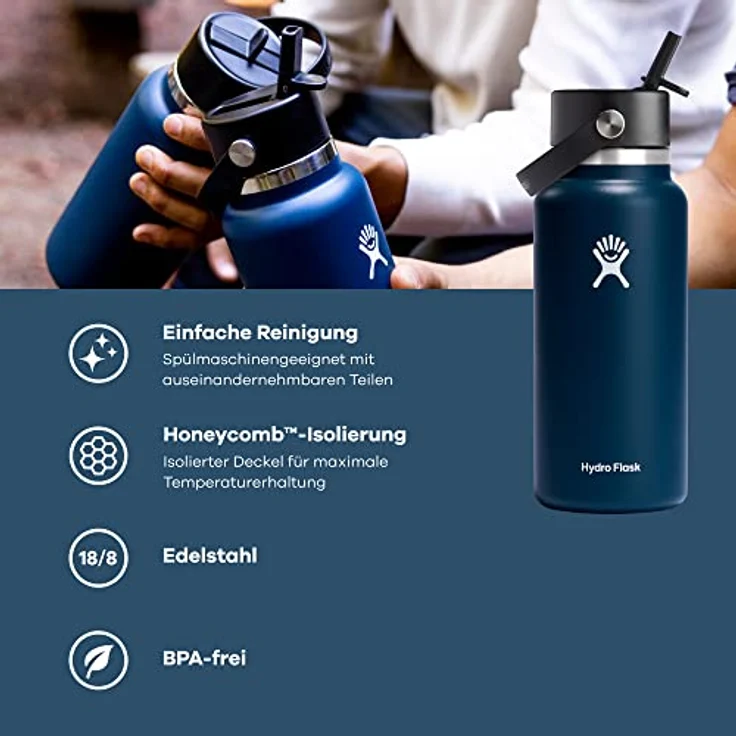 HYDRO FLASK - Trinkflasche 946ml (32oz) mit Flex Straw Deckel - Vakuumisolierte, Wiederverwendbare Flasche aus Edelstahl - Auslaufsicherer Deckel - Weite Öffnung - Black – Bild 2