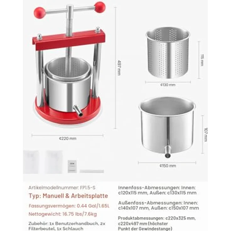 VEVOR Obstweinpresse Apfelmühle (1,65 L) mit 2 Edelstahlfässern, manueller Entsafter und robustem Design für gesunden Saft – Bild 7