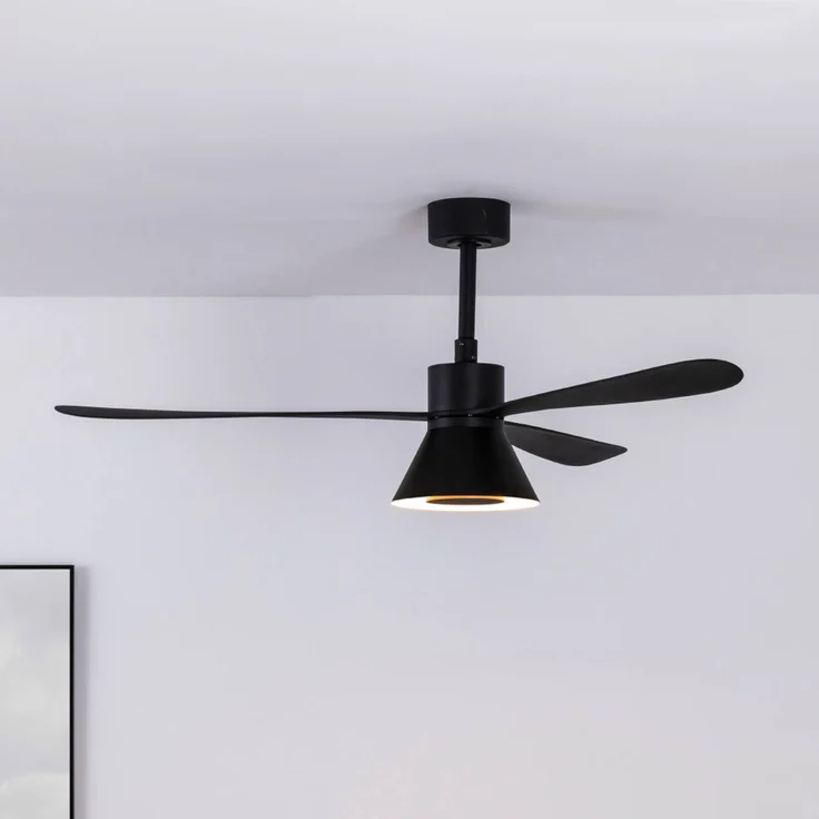 FARO BARCELONA LED-Deckenventilator Amelia Cone L, schwarz, 132 cm, mit Fernbedienung und dimmbarer LED-Leuchte