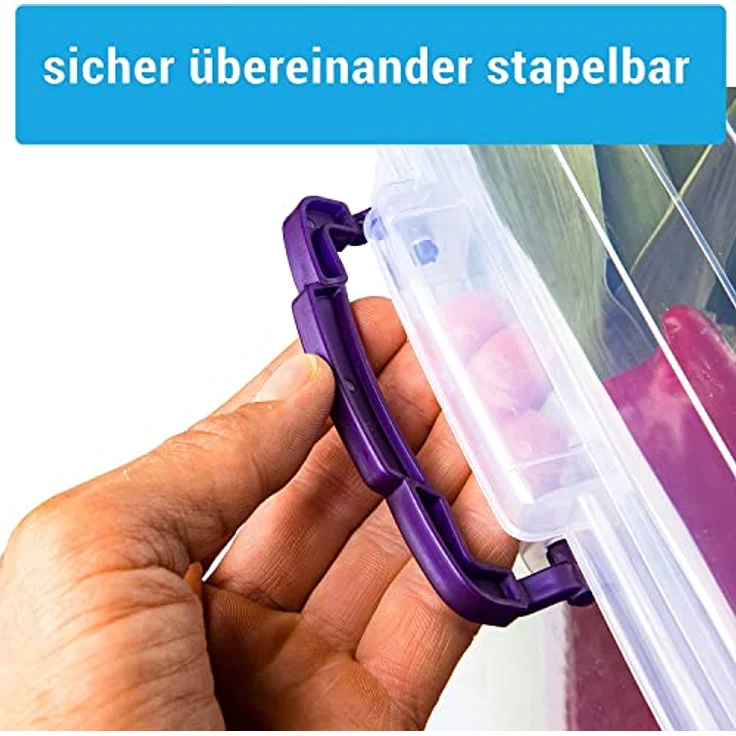 Aufbewahrungsbox mit Deckel, 6 Stück Aufbewahrungsboxen, 22 Liter Boxen Aufbewahrung, Transparent Plastikbox mit Deckel, Made in EU, Model: Mia, Kisten Aufbewahrung mit Deckel und lila Griffen – Bild 5