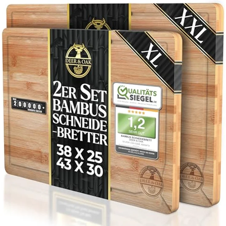 Deer & Oak Schneidebrett Holz Set - XXL & Groß (43x30 & 38x25cm), Vorgeölt, Messerfreundlich, Nicht-Porös, 2er Set aus 100% Bio-Bambus für Fleisch & Gemüse – Bild 1