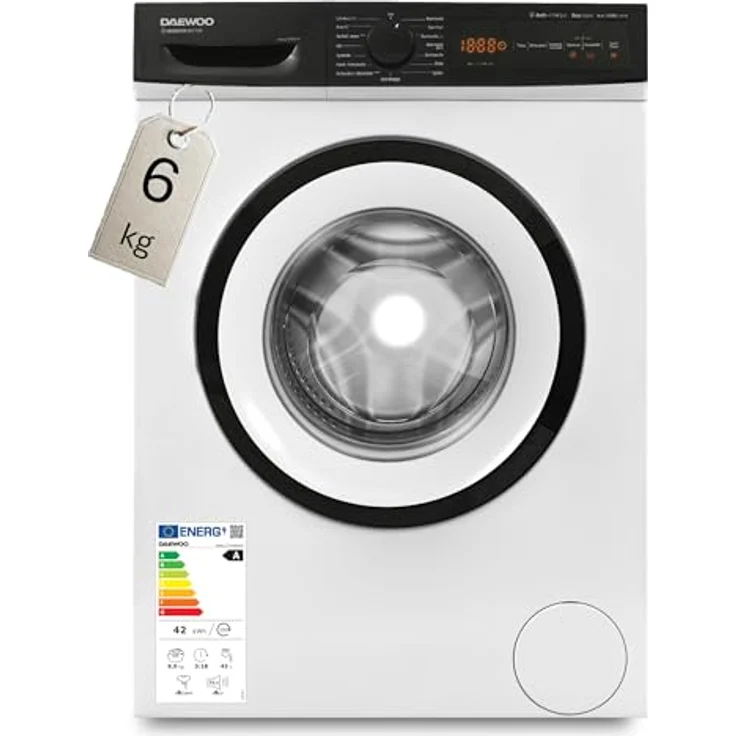 Daewoo WM612T2TWB0DE, 6 kg Frontlader Waschmaschine, Energieeffizienzklasse A, 1200 U/Min, Aqua Stop, Allergy Safe, 15 Min Kurzprogramm, LED-Display, Weiß – Bild 1