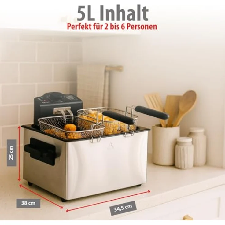 Fritteuse ALPINA, mit Fett, 2000 Watt, 5 Liter Fassungsvermögen, Edelstahl, silber, mit 3 Frittierkörben – Bild 5