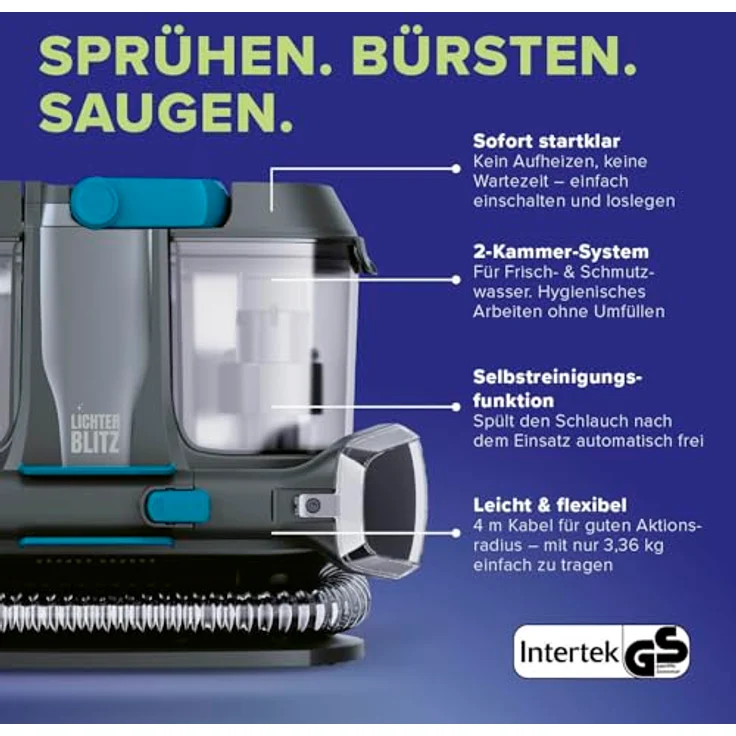 Lichterblitz Polster- & Teppichreiniger Kompakt, 3-in-1 Waschsauger mit 400 W, Nass-Trockensauger, 1,1 l Frischwassertank, selbstreinigend, leicht und tragbar – Bild 4