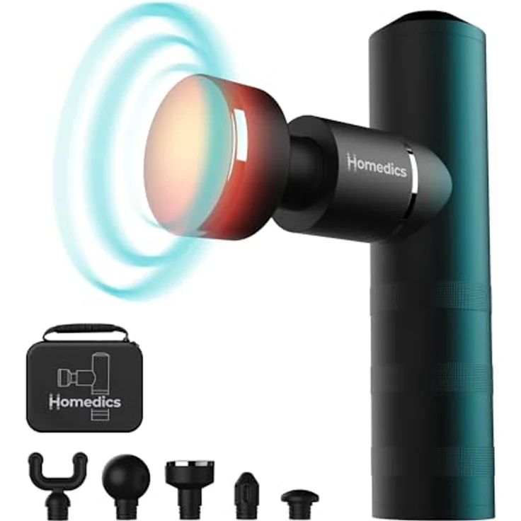 HoMedics MYTI Mini Massagepistole mit Wärmefunktion - Handmassagegerät elektrisch im Taschenformat mit 5 Aufsätzen & 4 Vibration Intensitätsstufen - Schwarz – Bild 1